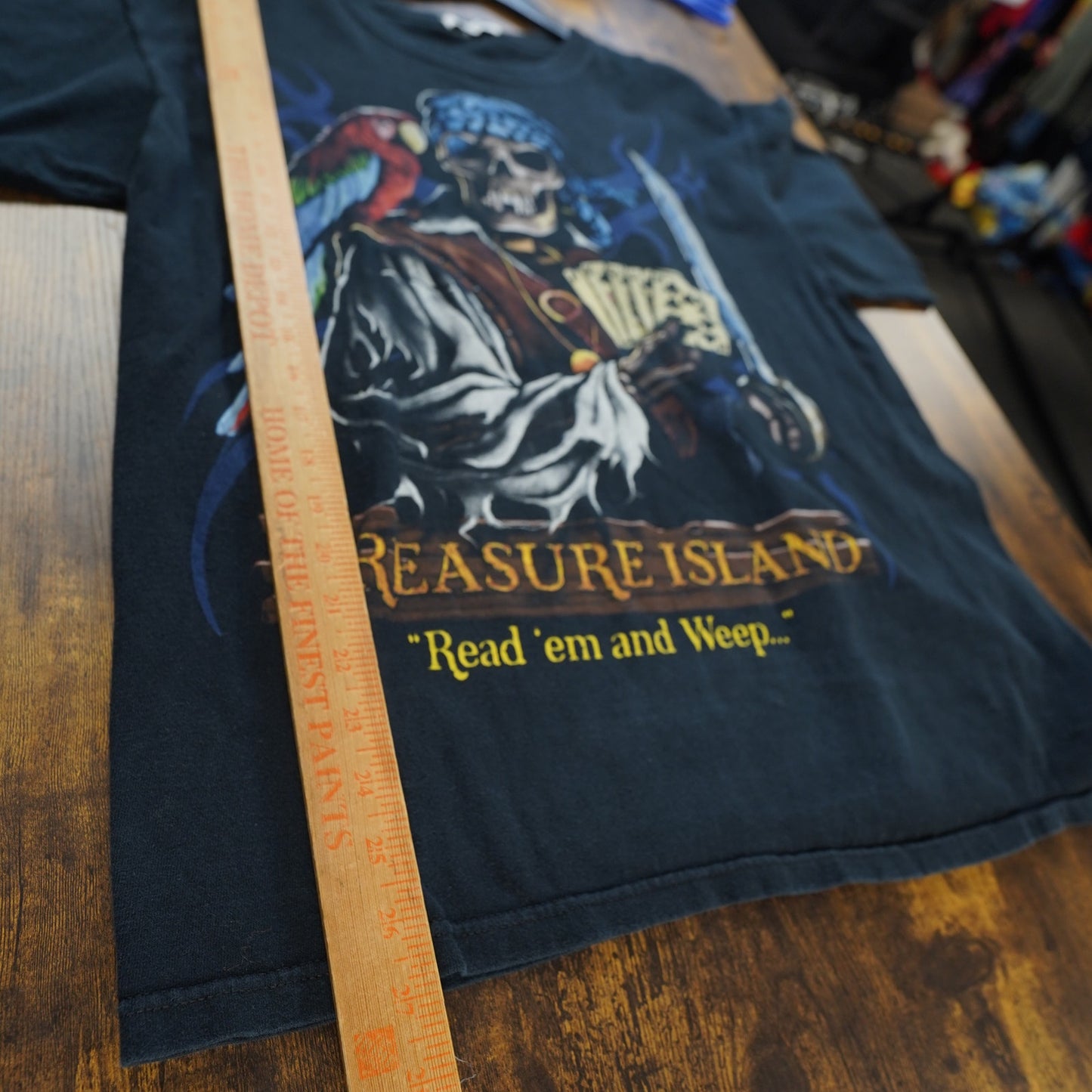 (L) Vintage Treasure Island Pirate T-Shirt Men's L Black Skeleton Parrot Buccaneer