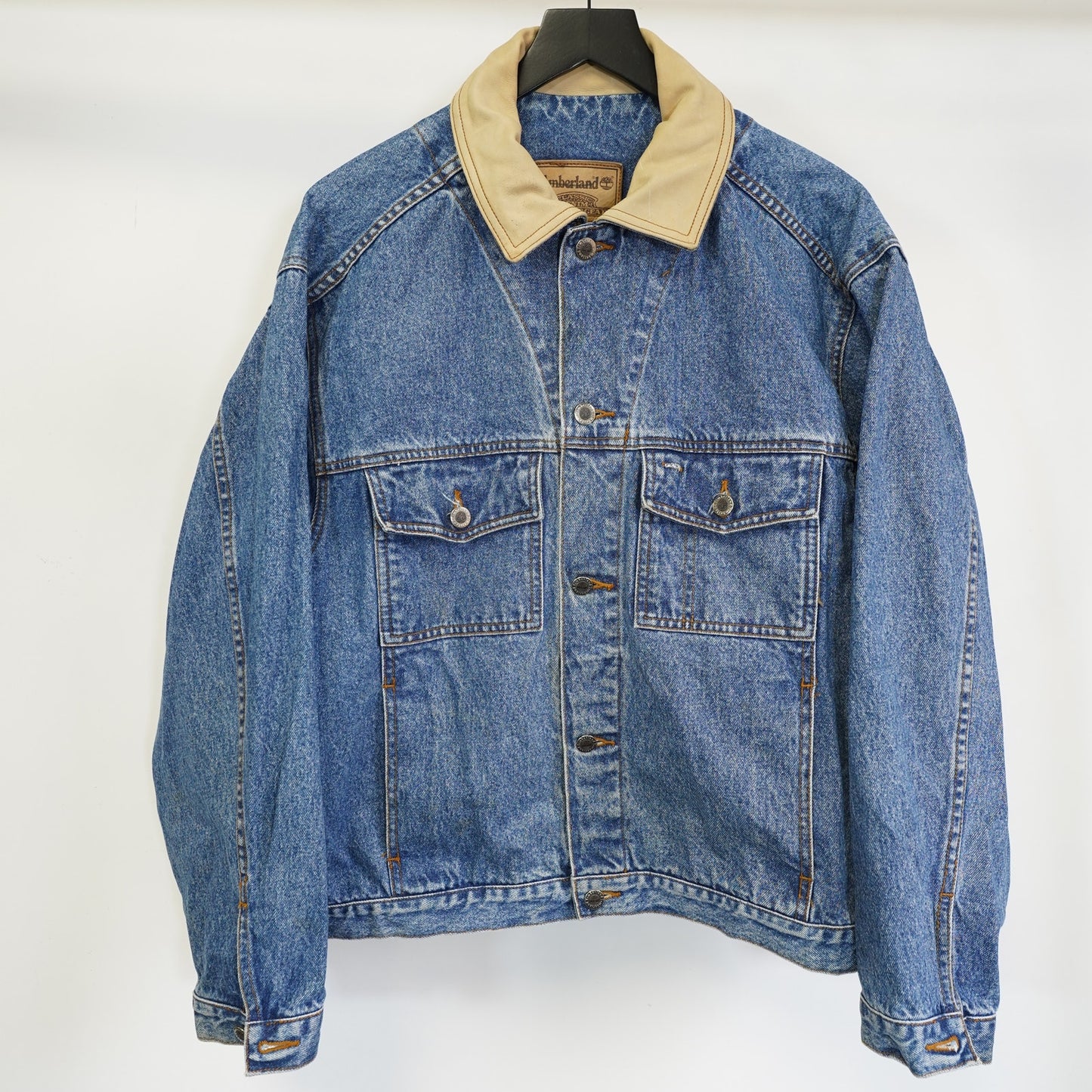 Men's M Vintage 90s Timberland Trucker Weathergear Classic Denim Jacket Leather Collar