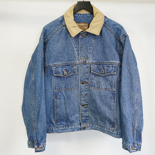 Men's M Vintage 90s Timberland Trucker Weathergear Classic Denim Jacket Leather Collar