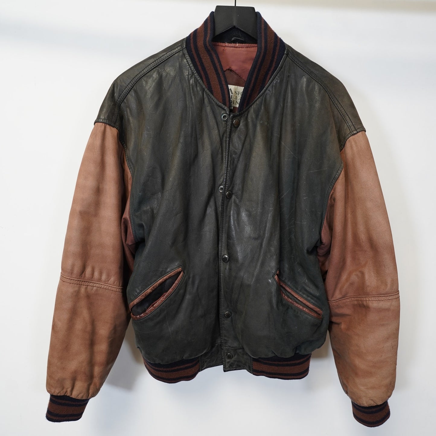 (L) Vintage Ash Creek Trading Leather Varsity Jacket Black & Brown Men's L 80s-90s