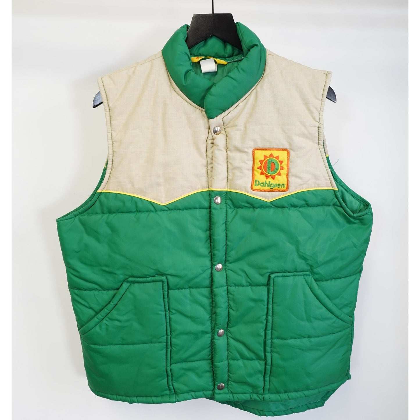(L) Vintage 70s Dahlgren Western Down Puffer Vest Men's L Green Tan Two Tone 80s
