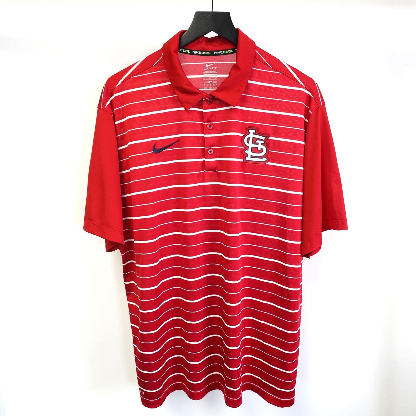 (XL) Nike St. Louis Cardinals Striped Dr-Fit Performance Polo Shirt Mens XL Red White