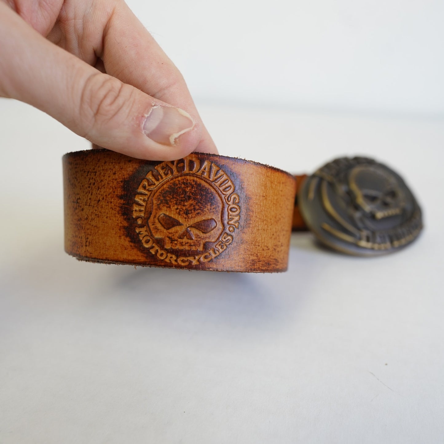 (Sz. 38) Vintage Harley Davidson Willie G. Skull Biker Belt Buckle Leather 2008 Brown Sz. 38