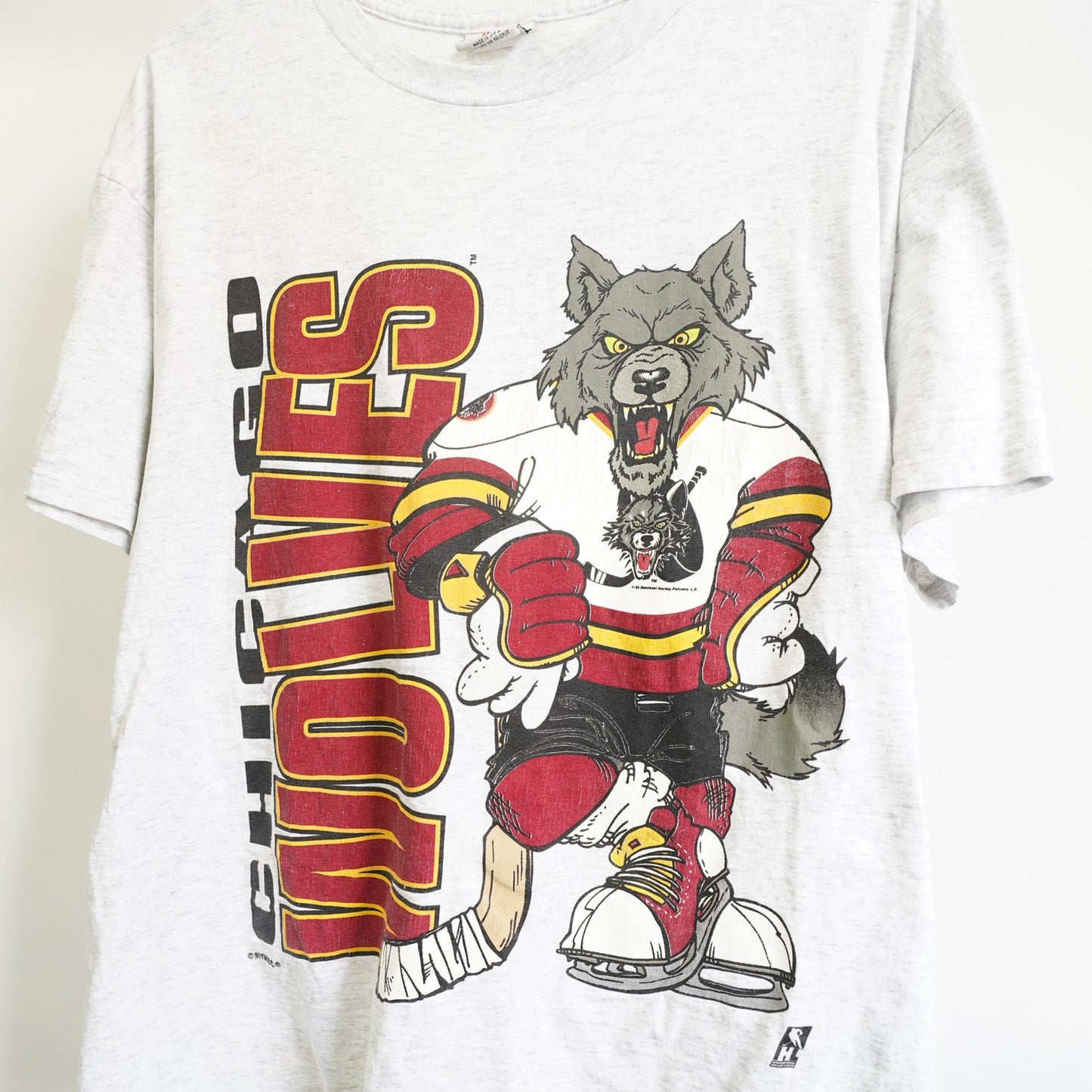 (XL) Vintage Chicago Wolves Nutmeg Mills All Over Print Hockey T-Shirt Men's XL Gray
