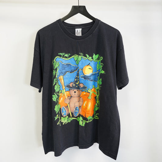 (XL) Vintage 90s Halloween Teddy Bear Witch Pumpkin Patch T-Shirt Men's XL Black