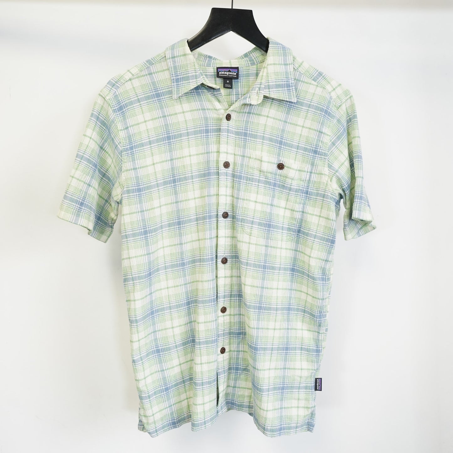 (M) Patagonia Plaid Organic Cotton Button Up Short Sleeve A/C Shirt Men's M Green
