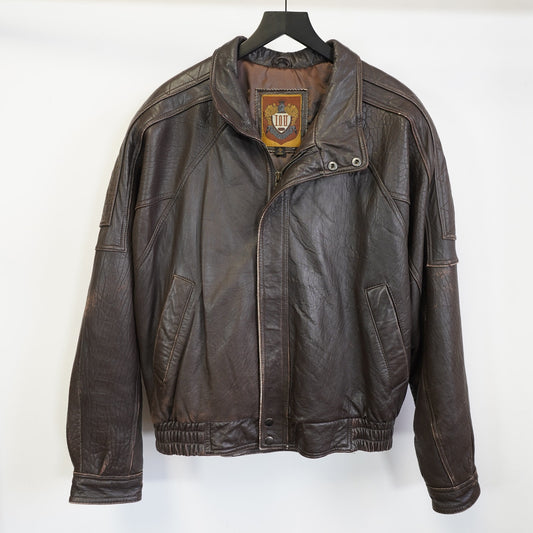 (L) Vintage IOU Leather Bomber Flight Jacket Men's L Brown 90s Aviator Retro