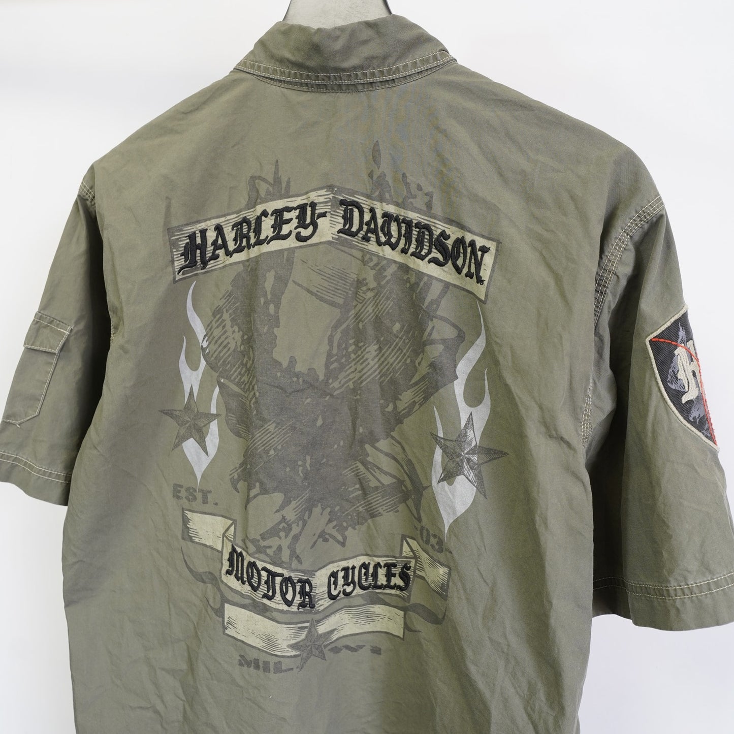 (M) Vintage Harley Davidson Motorcycles Patchwork Button Up Shirt Mens M Green Biker