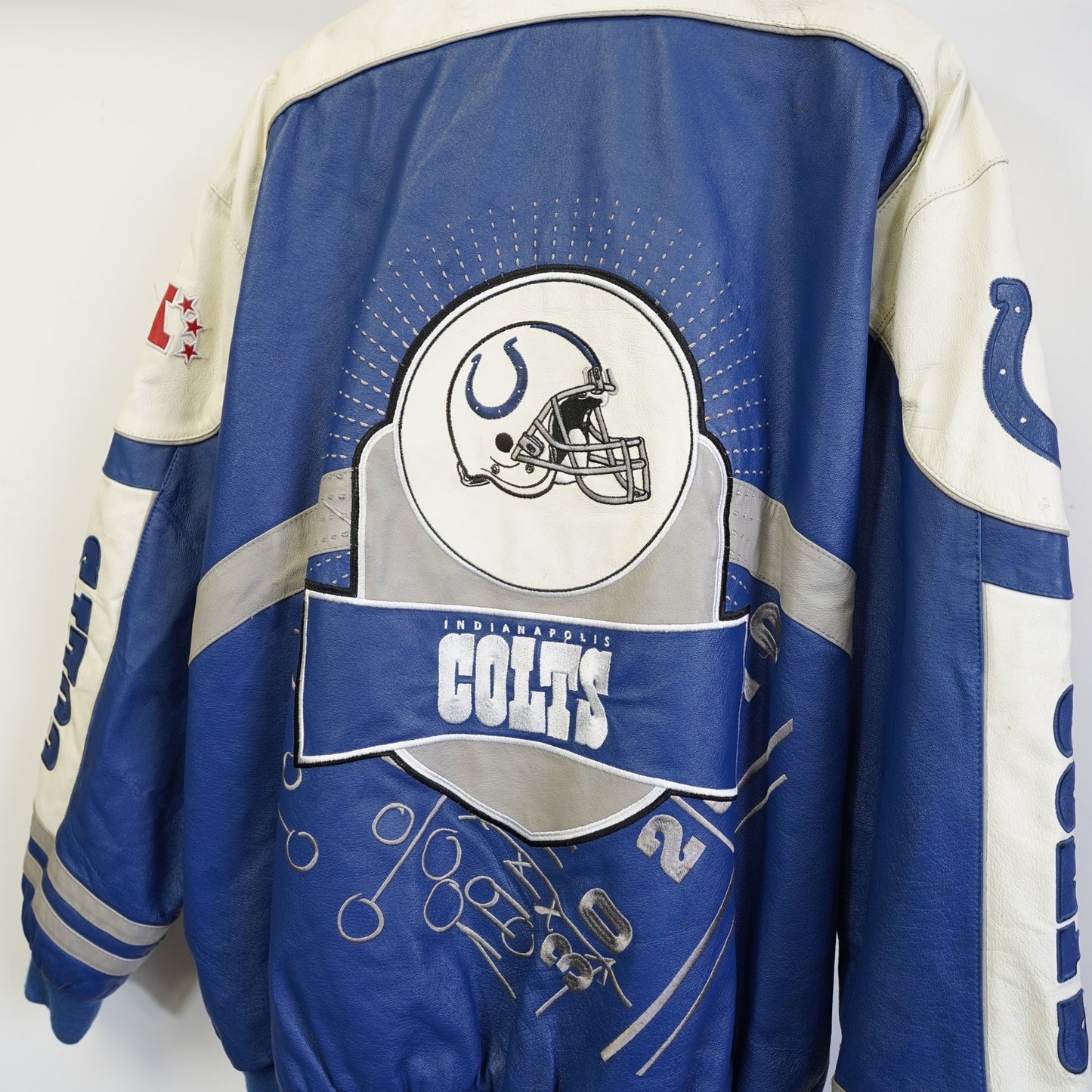(3XL) Vintage Indianapolis Colts Leather Jacket Sewn Patches Mens 3XL Blue G-III 2000s