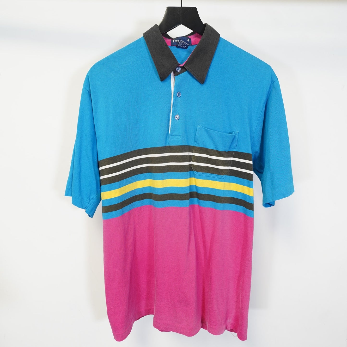 (L) Vintage 90s Par Four Golf Polo Shirt Men's L Striped Pink Blue Retro Preppy