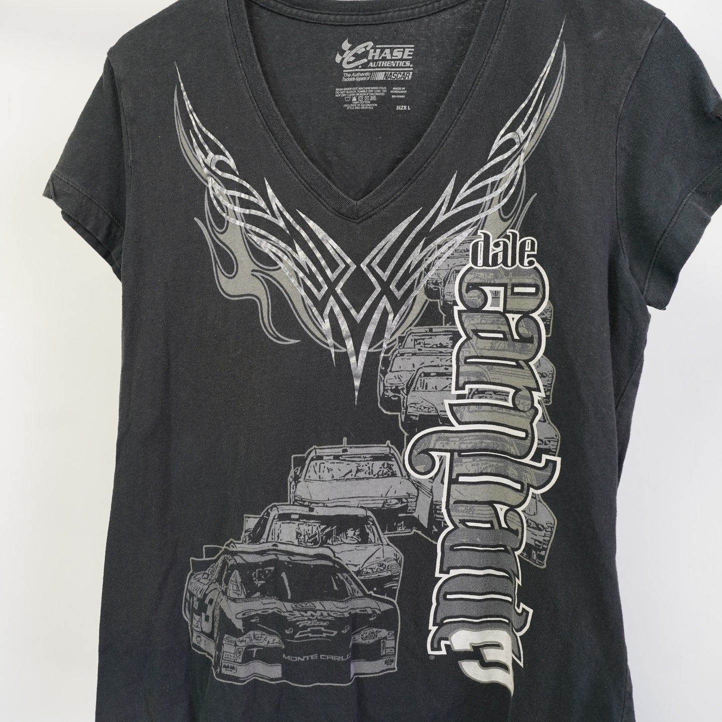 (Women's L) Dale Earnhardt Sr. Nascar Y2K V-Neck T-Shirt Women's L 2000s Goth Black