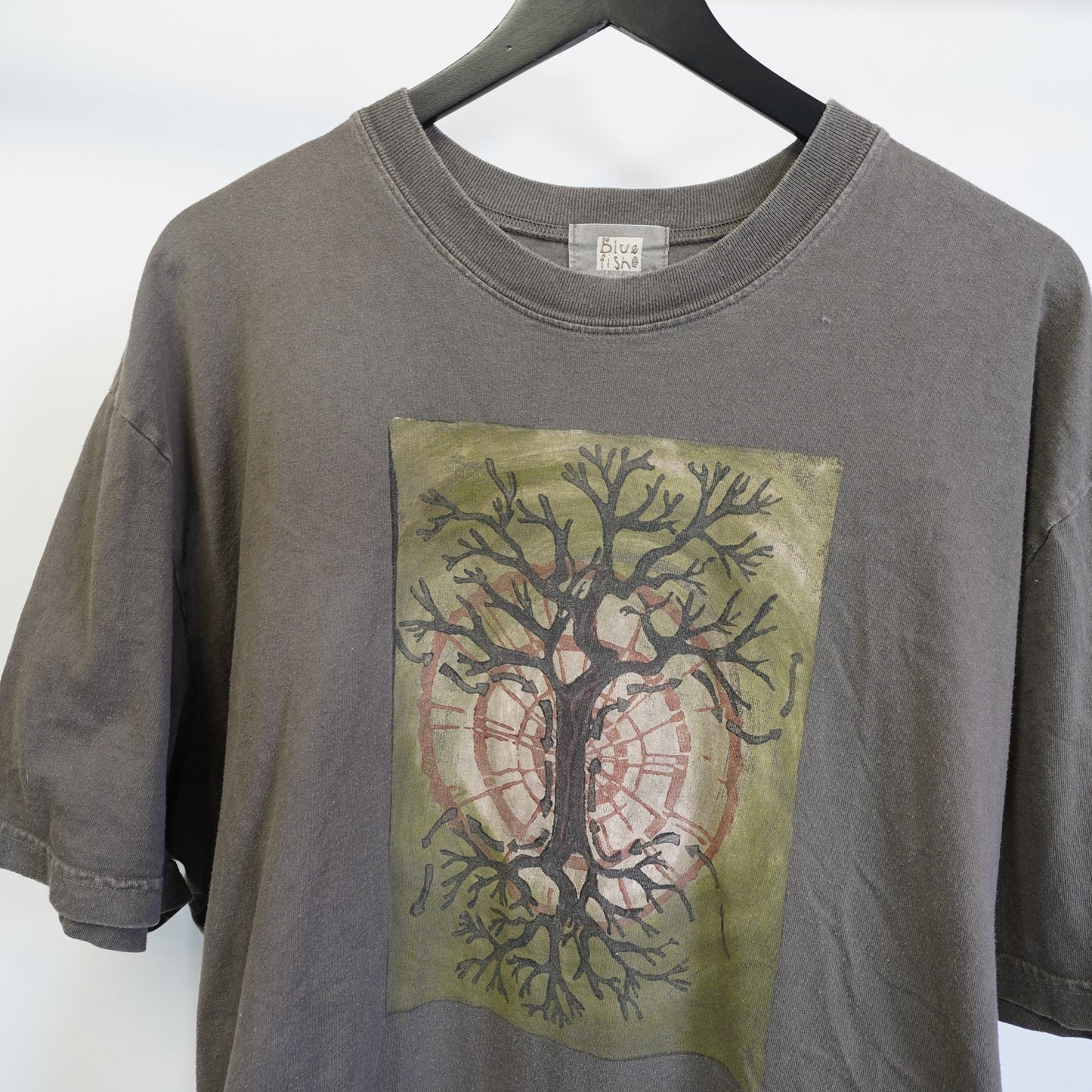 (XXL) Vintage Blue Fish Tree Of Life Graphic Art T-Shirt XXL Gray 2000s Y2K Nature