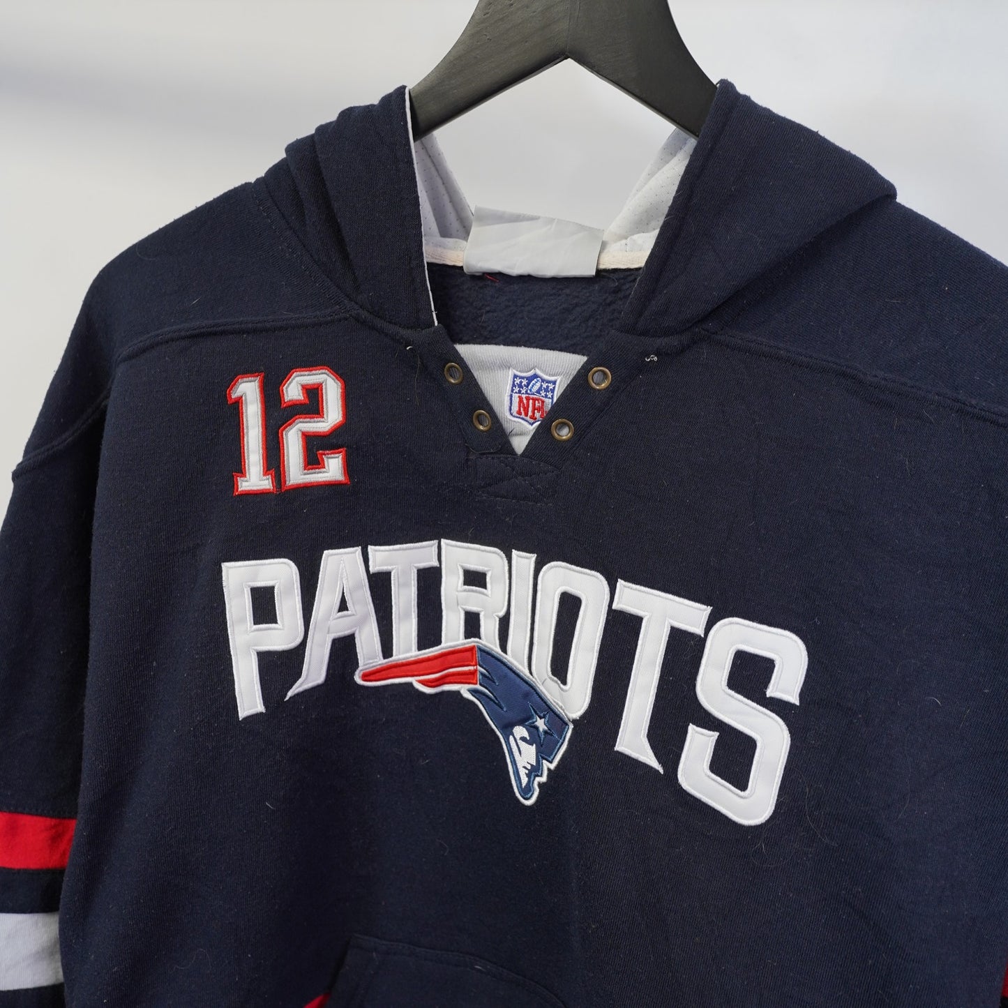 (Youth L/XL) Vintage New England Patriots Embroidered Tom Brady Hoodie Boys L/XL Blue Kids