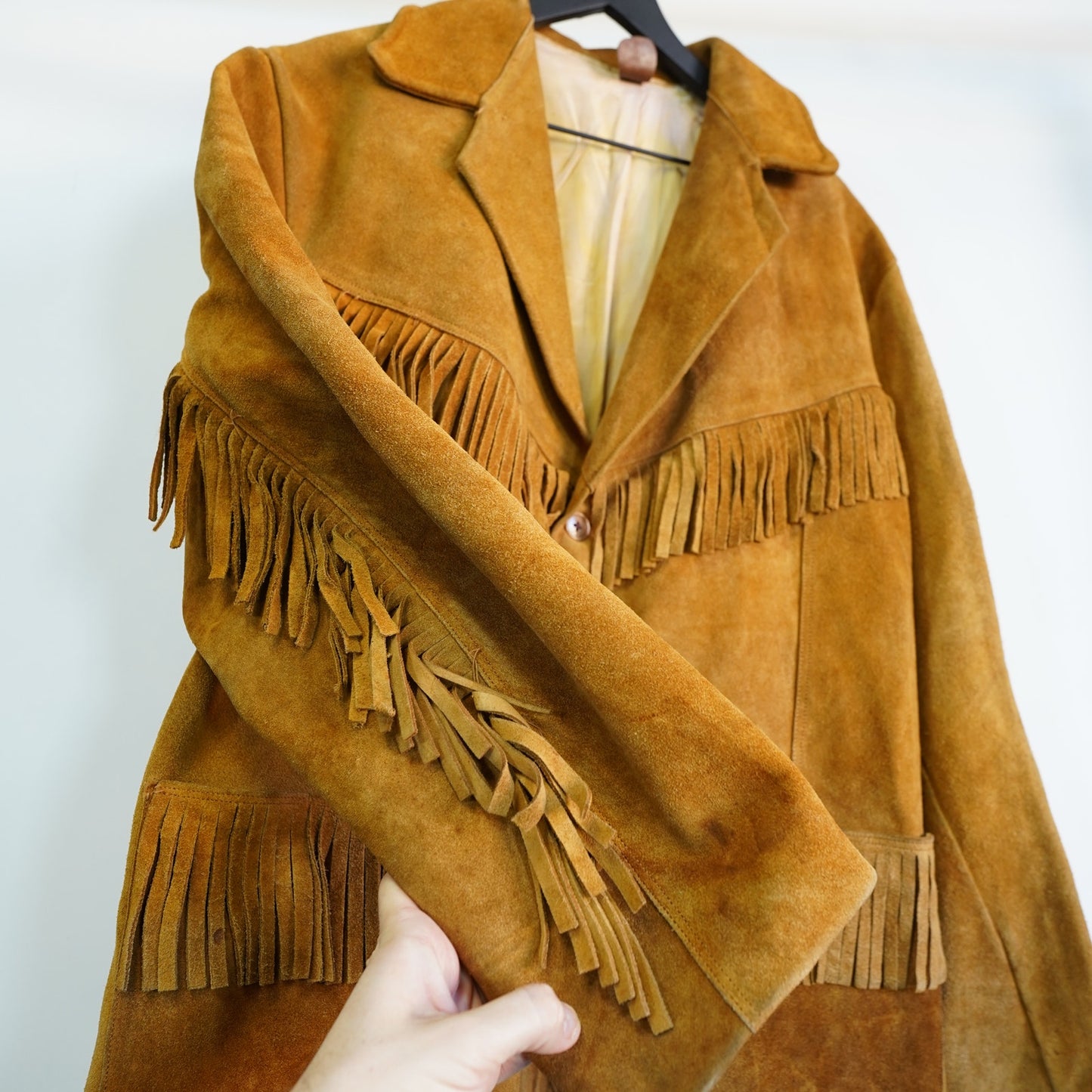 (L) Vintage 1960s-70s Cognac Brown Leather Suede Fringe Western Jacket Hippy