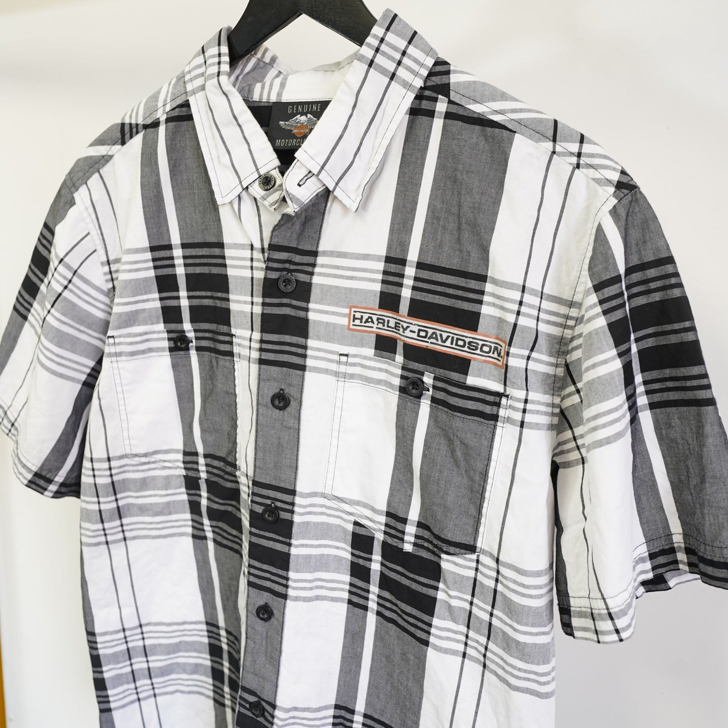 (L) Harley Davidson Motorcycles Plaid Biker Work Shirt Men's L Embroidered White