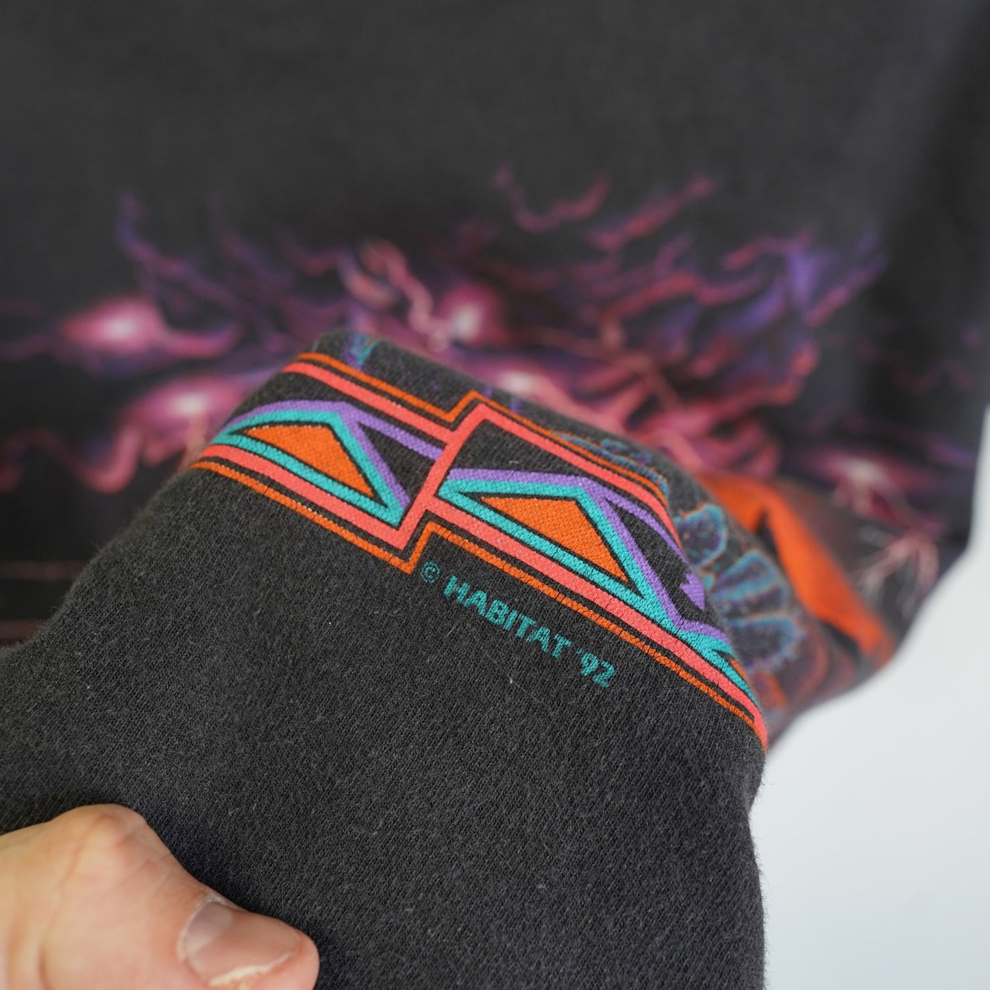 (S) Vintage 90s Habitat Arizona Lightning Wolf AOP Western T-shirt Men's S Black
