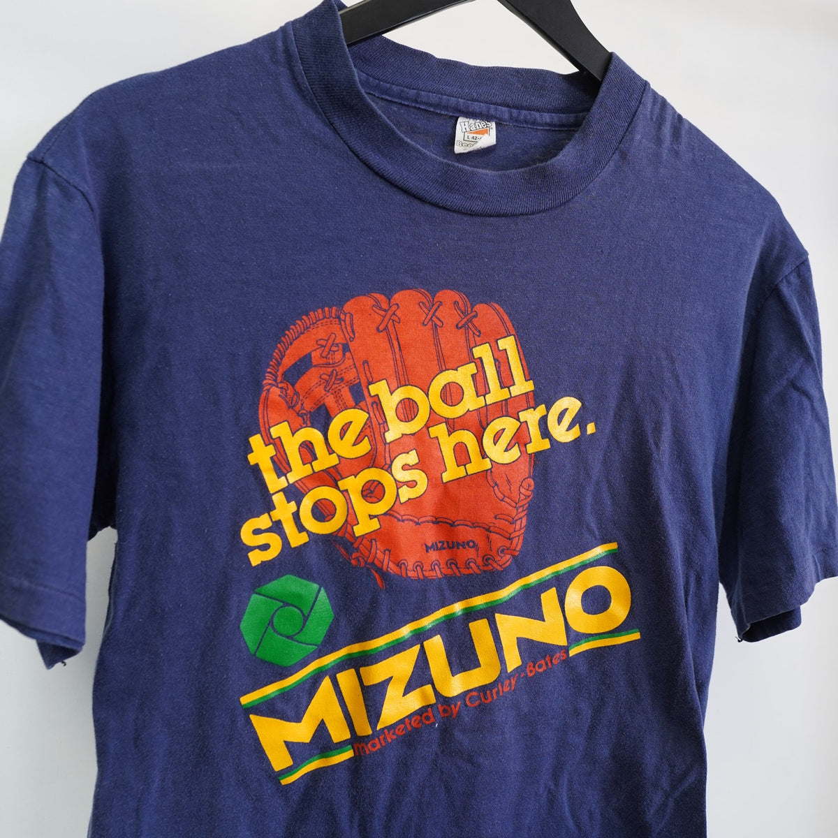 (XS) True Vintage 70s Mizuno Japanese Baseball T-Shirt Men's XS Navy Blue Glove