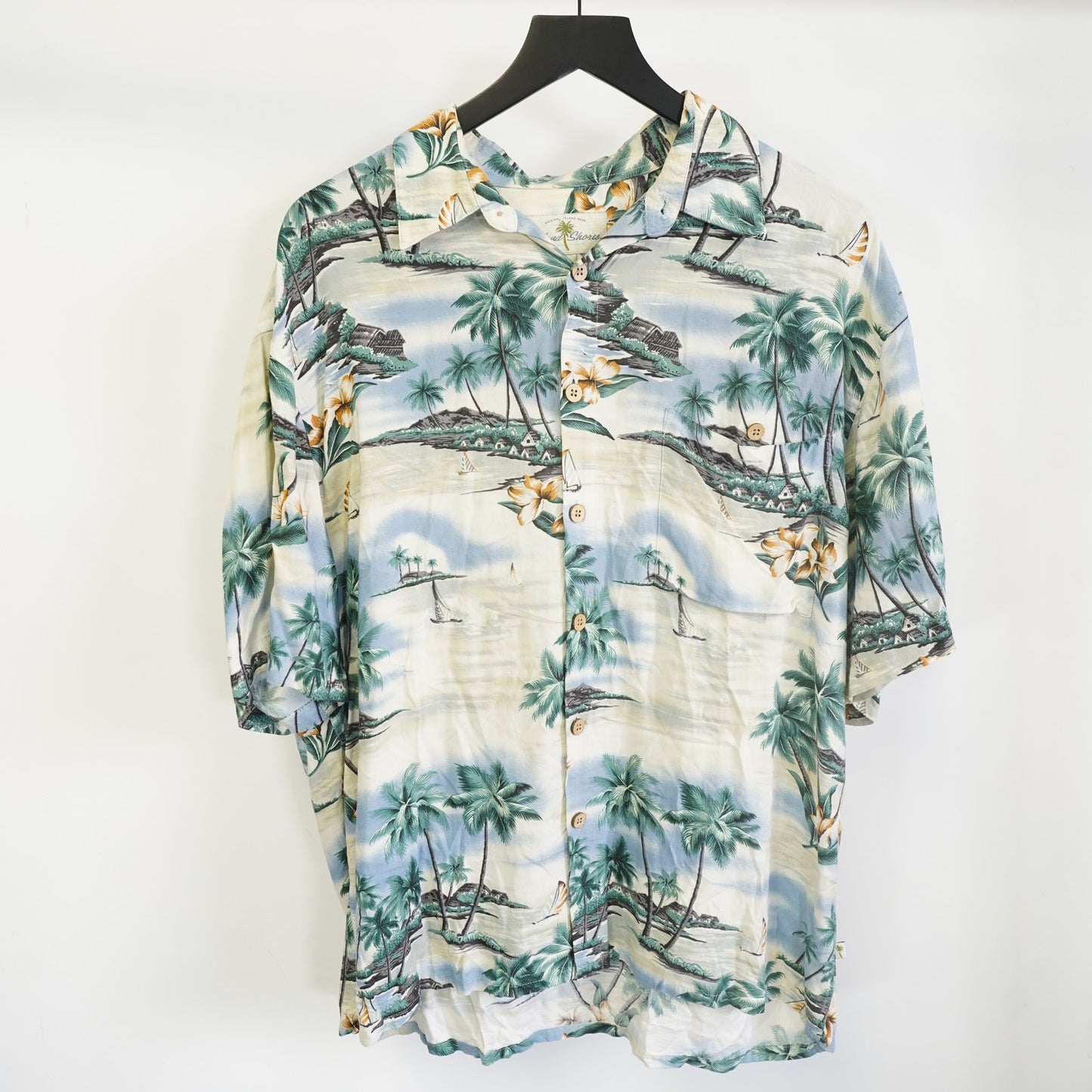 (L) Vintage Island Shores Floral Hawaiian Shirt Men's L Tropical Palm Tree White