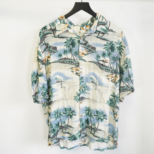 (L) Vintage Island Shores Floral Hawaiian Shirt Men's L Tropical Palm Tree White