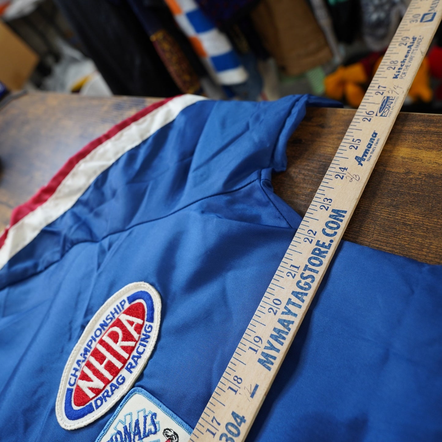 (M) True Vintage NHRA Drag Racing Beer Patchwork Motorcycle Jacket Men's M Blue 70s