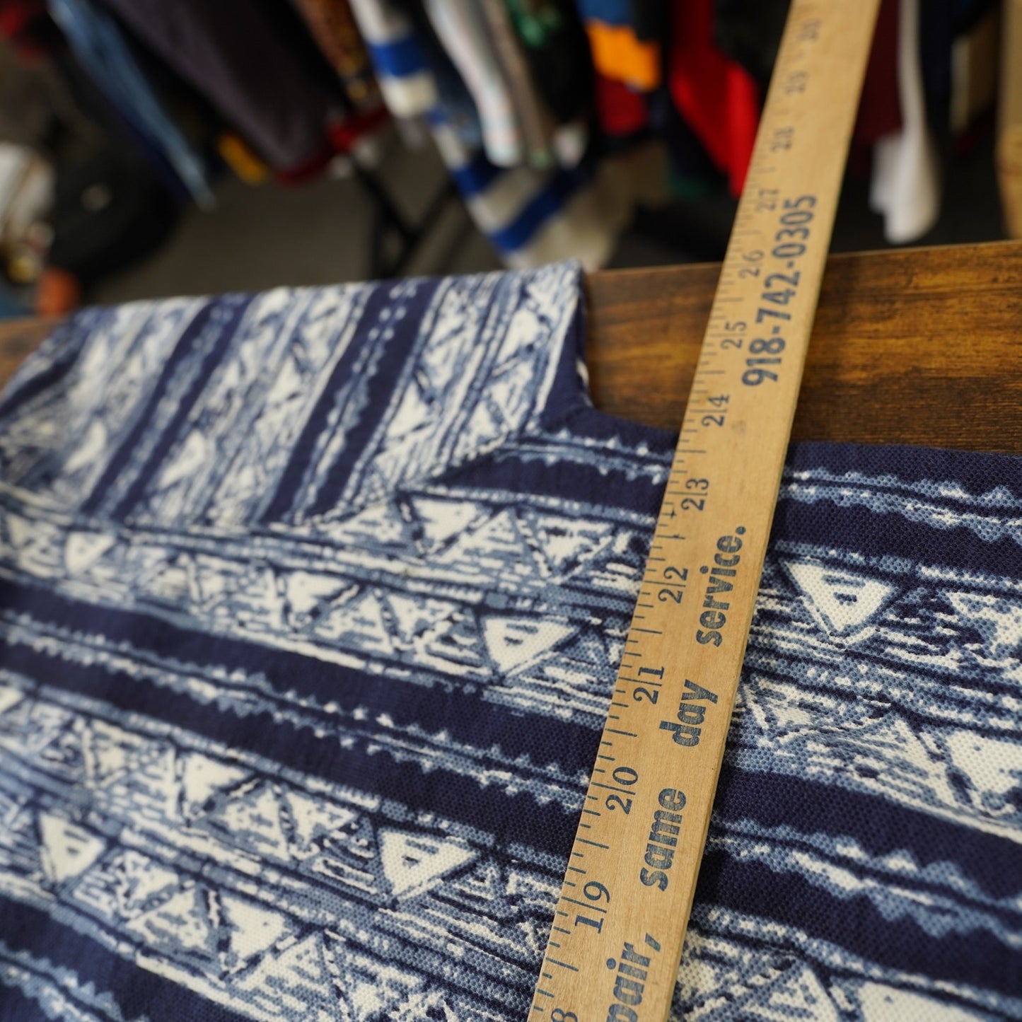 (L) Vintage 90s Cherokee Geometric Print Striped Golf Polo Shirt Men's L Blue Retro