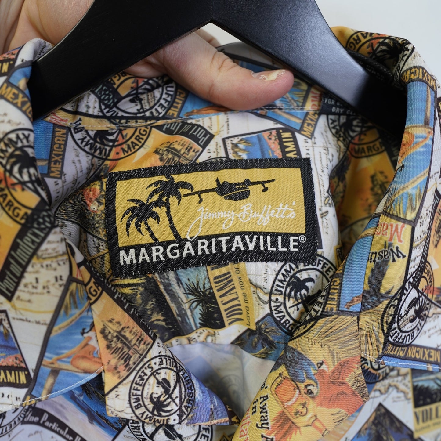 (XL) Vintage Jimmy Buffett Margaritaville Hawaiian Shirt Mens XL Pinup Girl Palm Tree