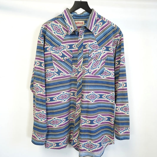 (XL) Vintage Aztec Western Shirt Saddlebrook Purple Mens Size XL Long Sleeve Pearl