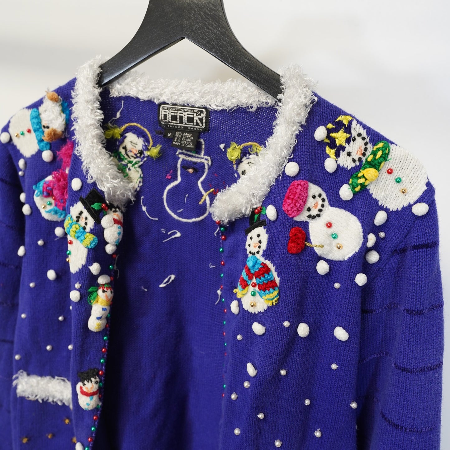 (M) Vintage Crazy Christmas Sweater Knit Cardigan Women's M Snowman Frosty Blue Xmas