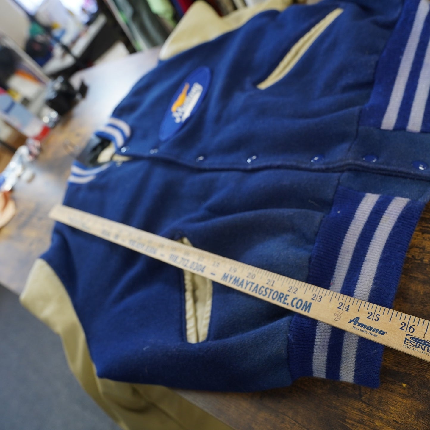 (XL) Vintage Ford Mustang DeLong Varsity Jacket Men's XL Sz. 48 Blue Tan Leather Wool