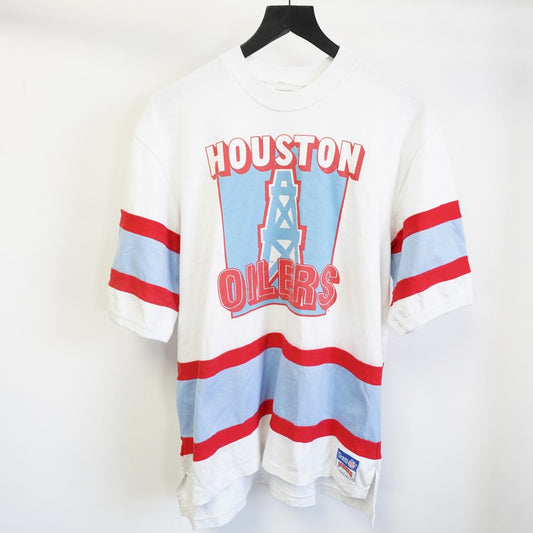(L) Vintage Houston Oilers Nutmeg Mills 90s Striped T-Shirt Men's L White Blue Retro