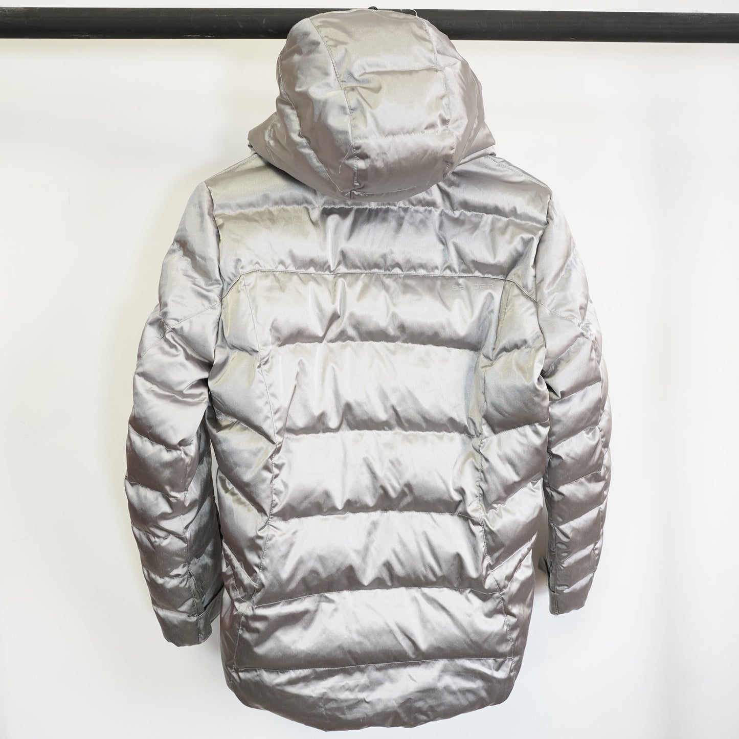 (Women's L) Vintage Spyder Y2K Silver Chrome Down Puffer Jacket Womens L 16 2000s Futuristic