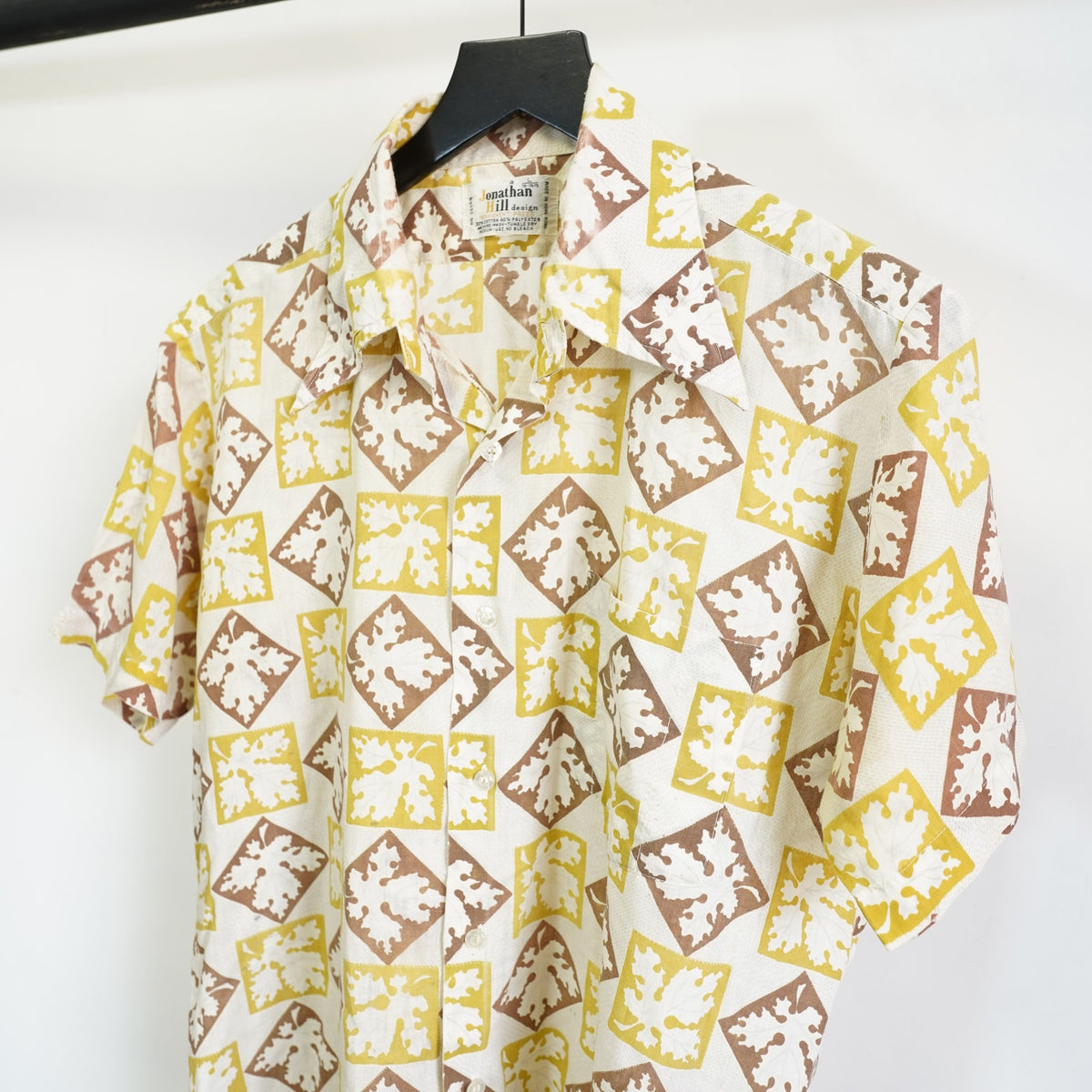 (L) True Vintage Wide Collar 70s Geometric Print Button Up Shirt Mens L White Disco