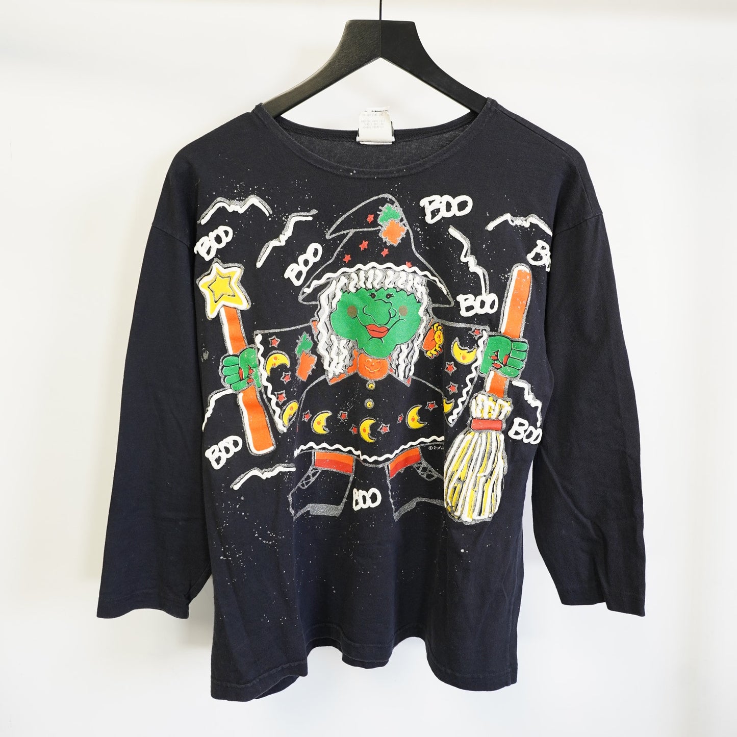(Women's S) Vintage 90s Halloween Witch Holiday Spooky LS T-Shirt Women's S Oversized Black