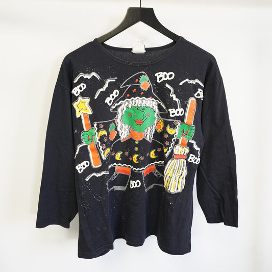 (Women's S) Vintage 90s Halloween Witch Holiday Spooky LS T-Shirt Women's S Oversized Black