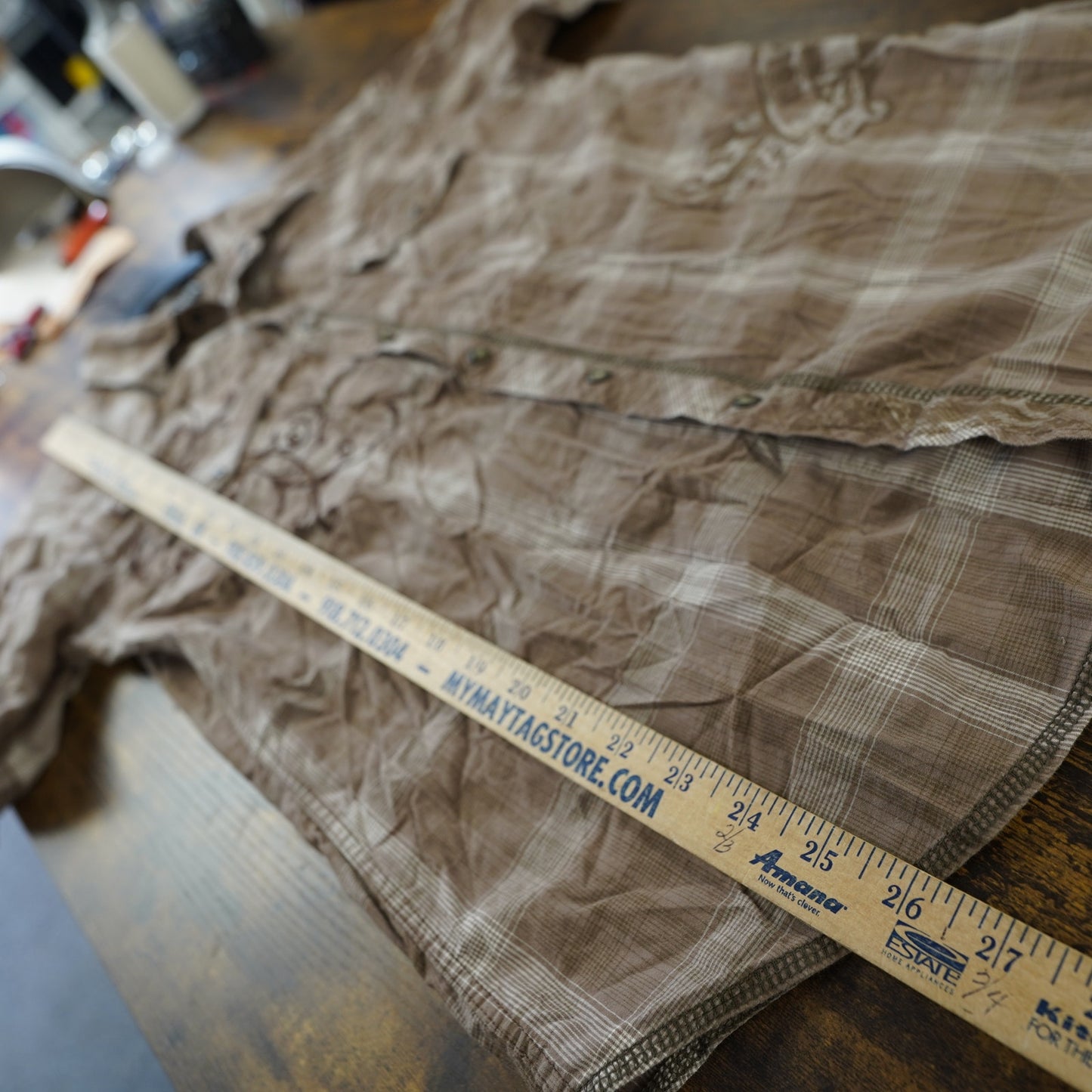 (S) Vintage Indigo Star Y2K Embroidered Western Pearl Snap Button Up Mens S Tan 2000