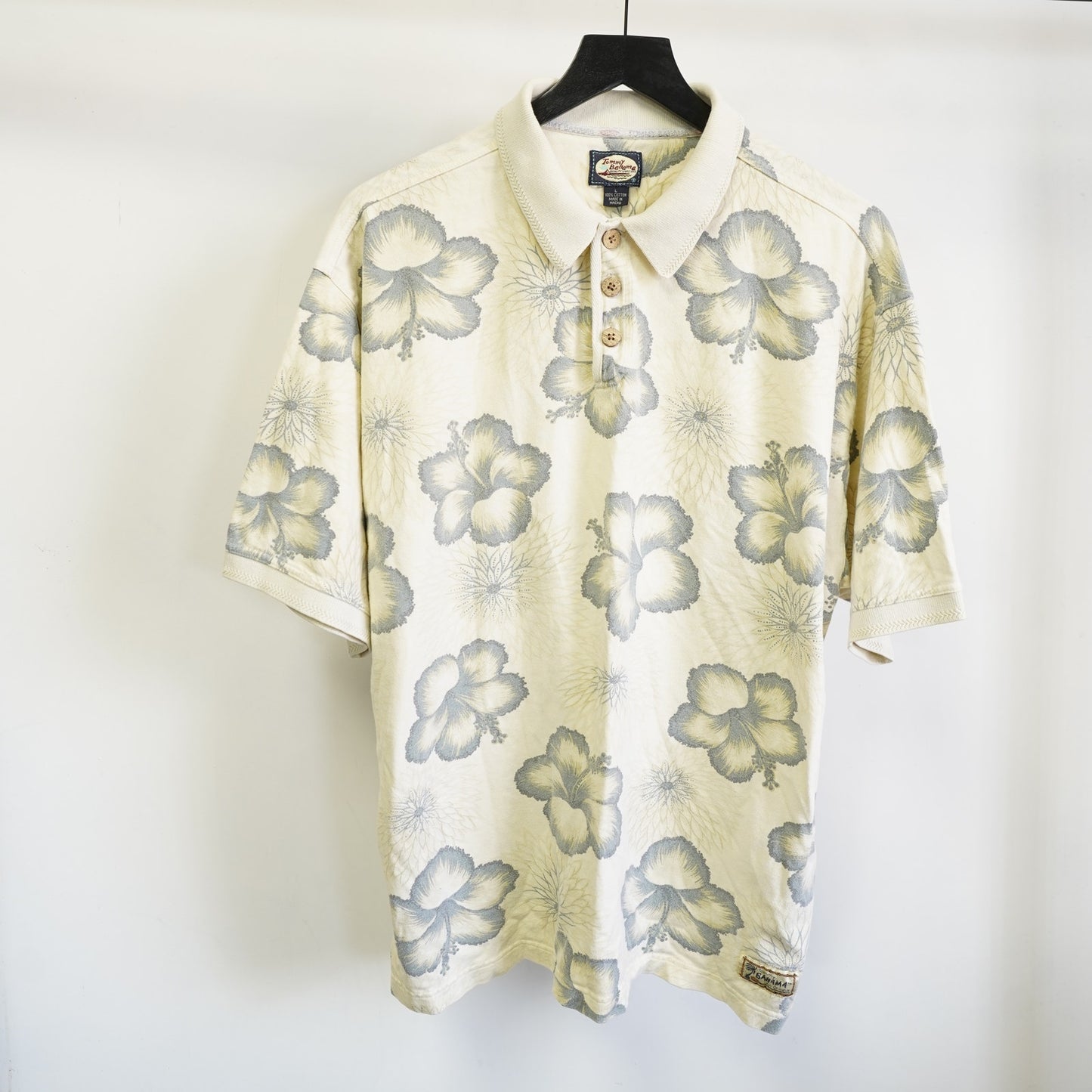 (L) Vintage Tommy Bahama 90s Hawaiian Polo Shirt Mens L Cream Hibiscus Floral Preppy