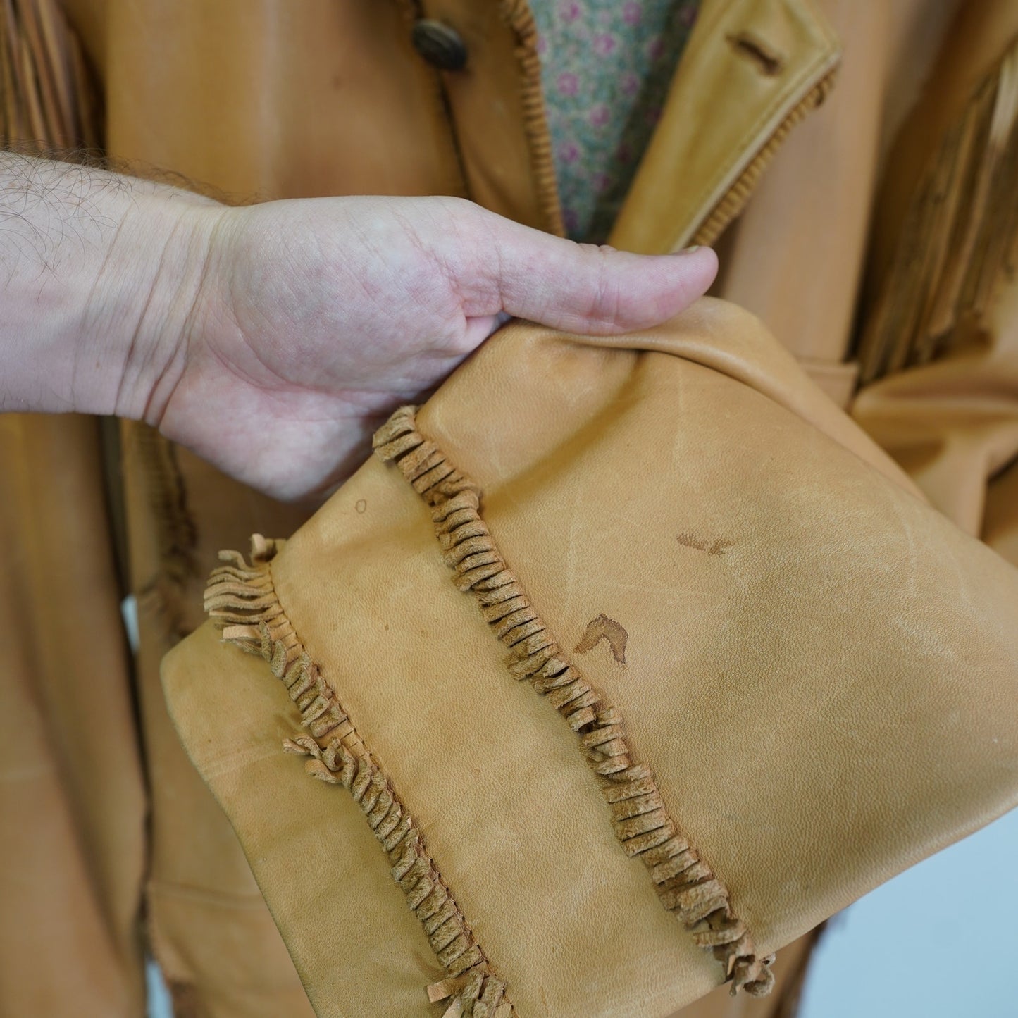 (L) Vintage Scully Genuine Leather Fringe Western Hippie Jacket Men's L Sz 42 Tan