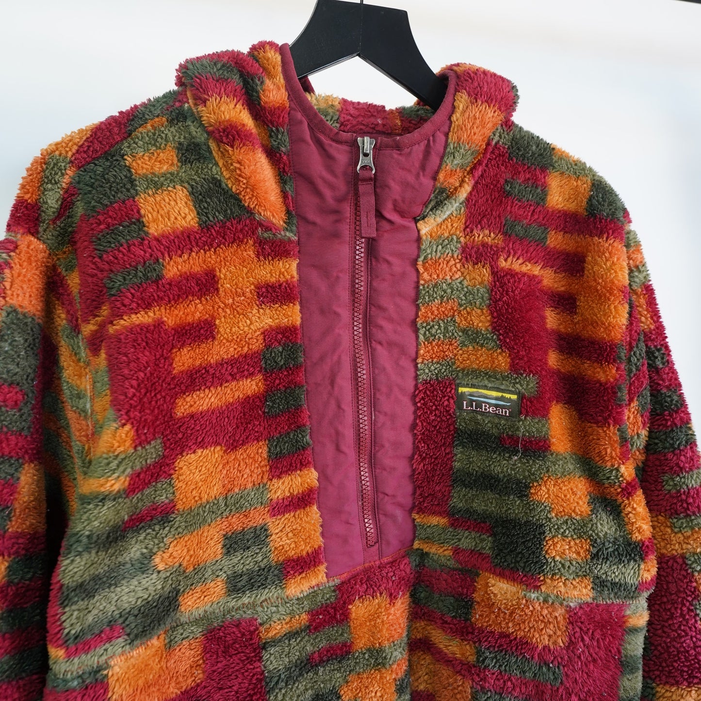 (M) L.L.Bean Hi-Pile Fleece Hoodie Multicolor Western Block Men's M Red Orange