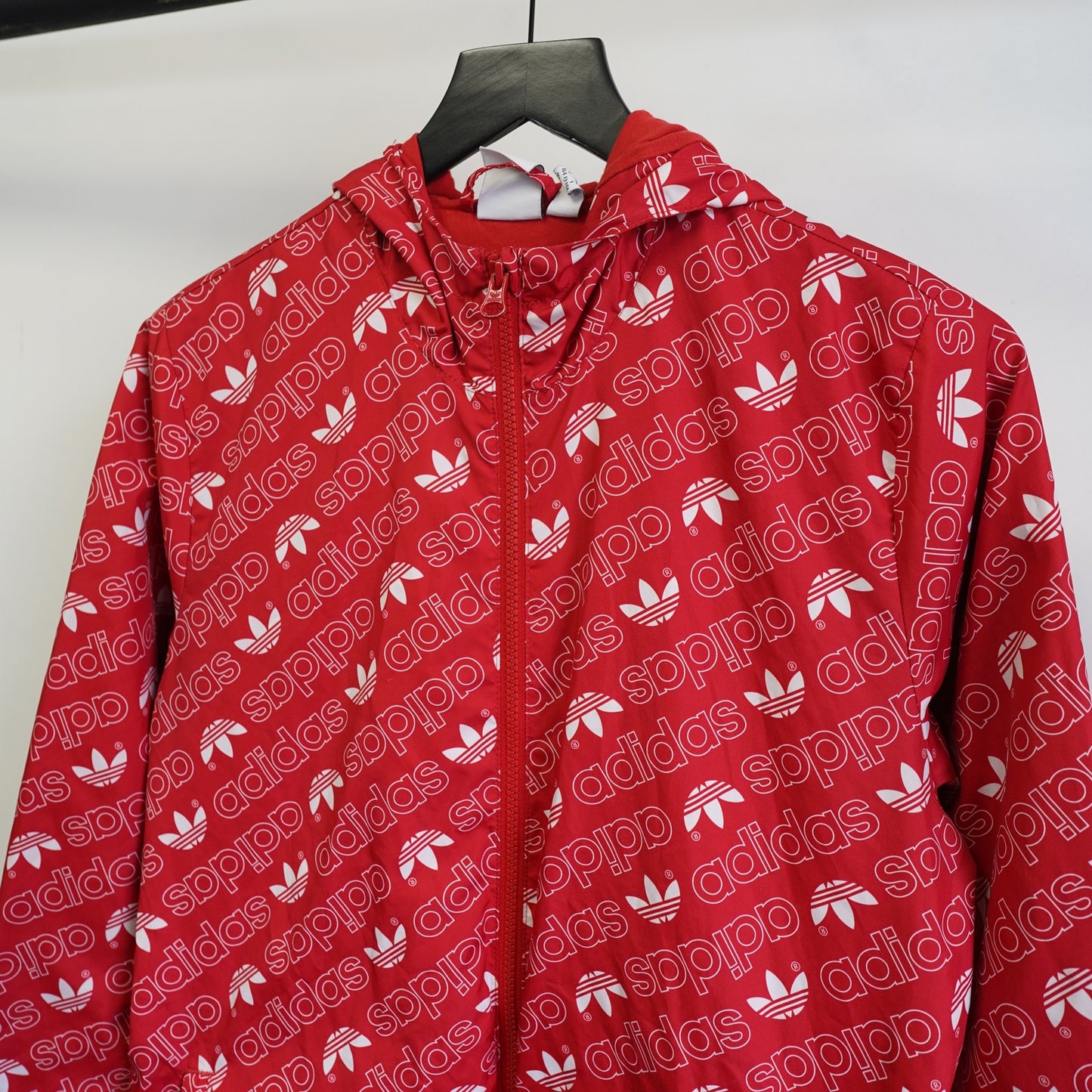 (Youth L 13-14) Adidas Tri-Foil Logo All Over Print Retro Windbreaker Youth Large 13-14 Red AOP