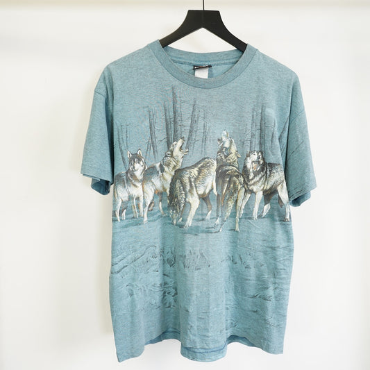 (L) Vintage Wolf Nature Wildlife 90s Signal Sport T-Shirt Mens L Blue All Over Print