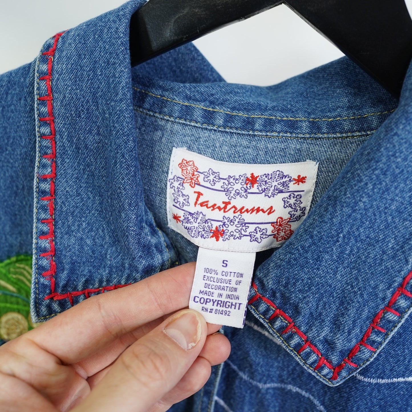 (S) Vintage Christmas Embroidered Santa Denim Jacket Tropical Women's S Tantrums