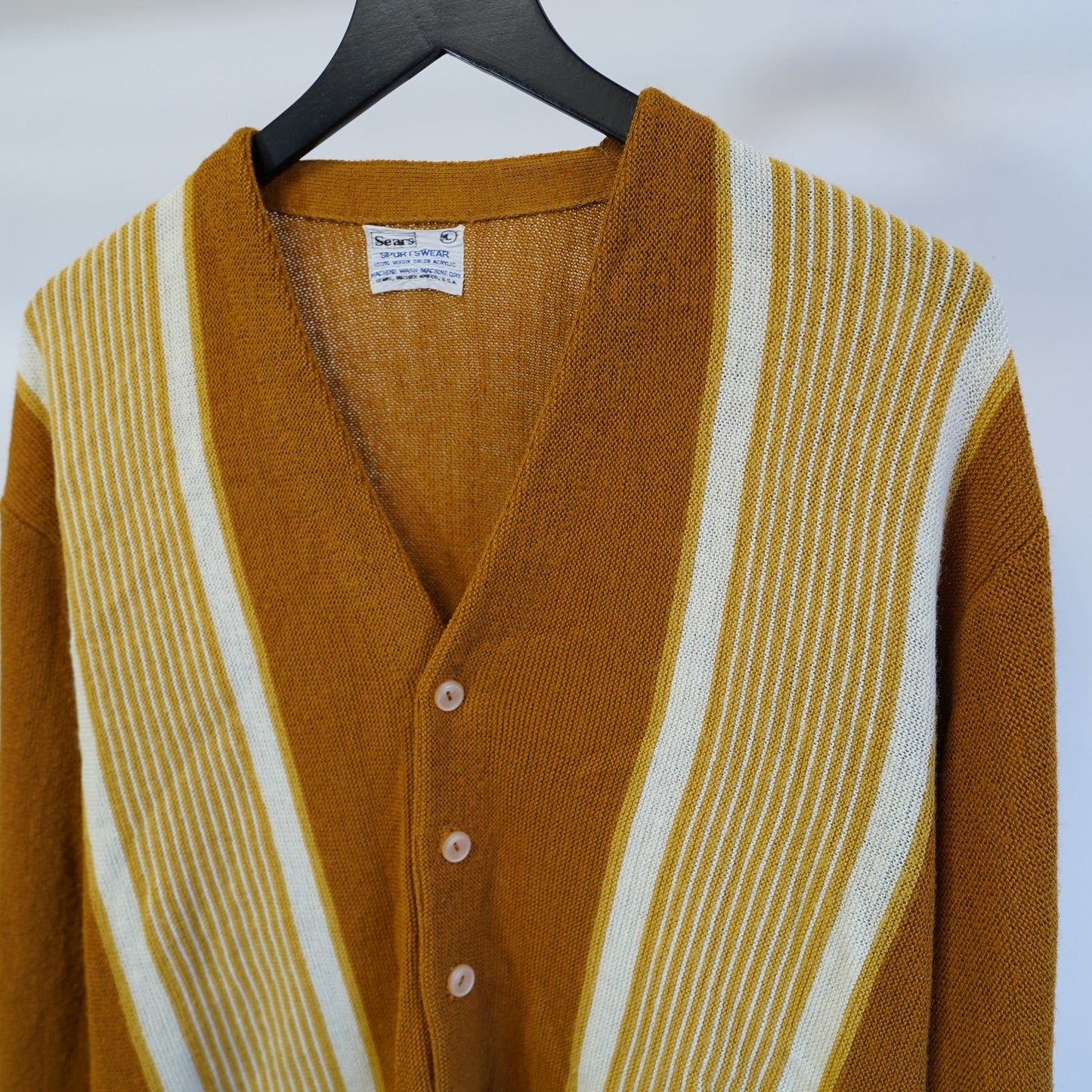 (L) True Vintage 1960s-70s Sears Sportswear Yellow Knit Striped Cardigan Men's L Sweater