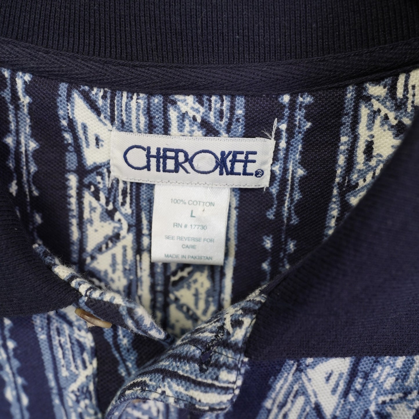 (L) Vintage 90s Cherokee Geometric Print Striped Golf Polo Shirt Men's L Blue Retro