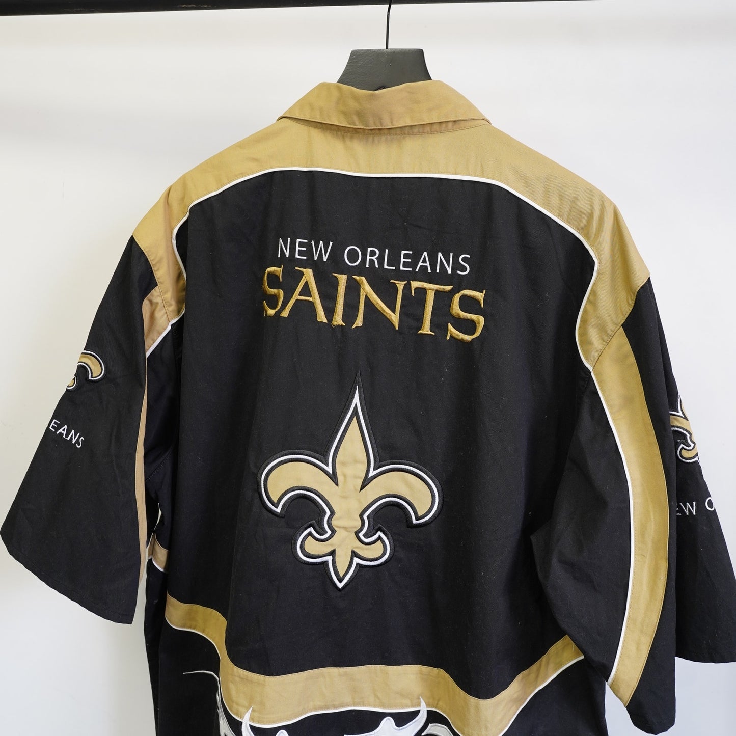 (3XL) Vintage New Orleans Saints Stitched Patchwork Button Up Men's 3XL Black Gold NFL
