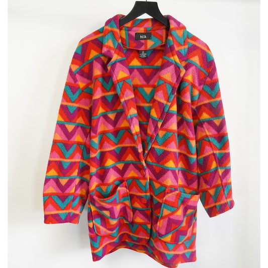 (Women's M) Vintage 90s Geometric Colorblock Fleece Overcoat Jacket Pasta Women's M 80s