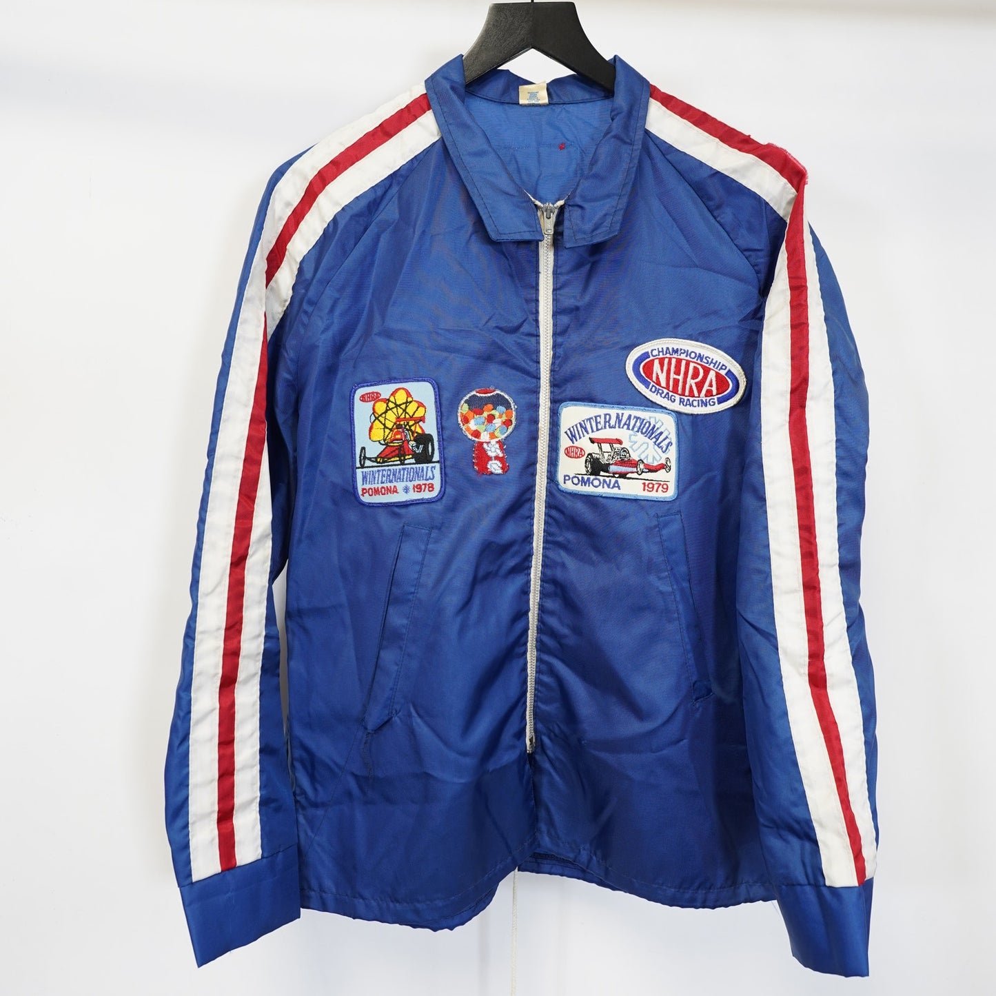 (M) True Vintage NHRA Drag Racing Beer Patchwork Motorcycle Jacket Men's M Blue 70s