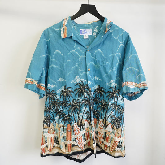 (XL) Vintage RJC Hawaiian Shirt Tropical Surfboard Men's XL Blue 90s Pal Tree Floral