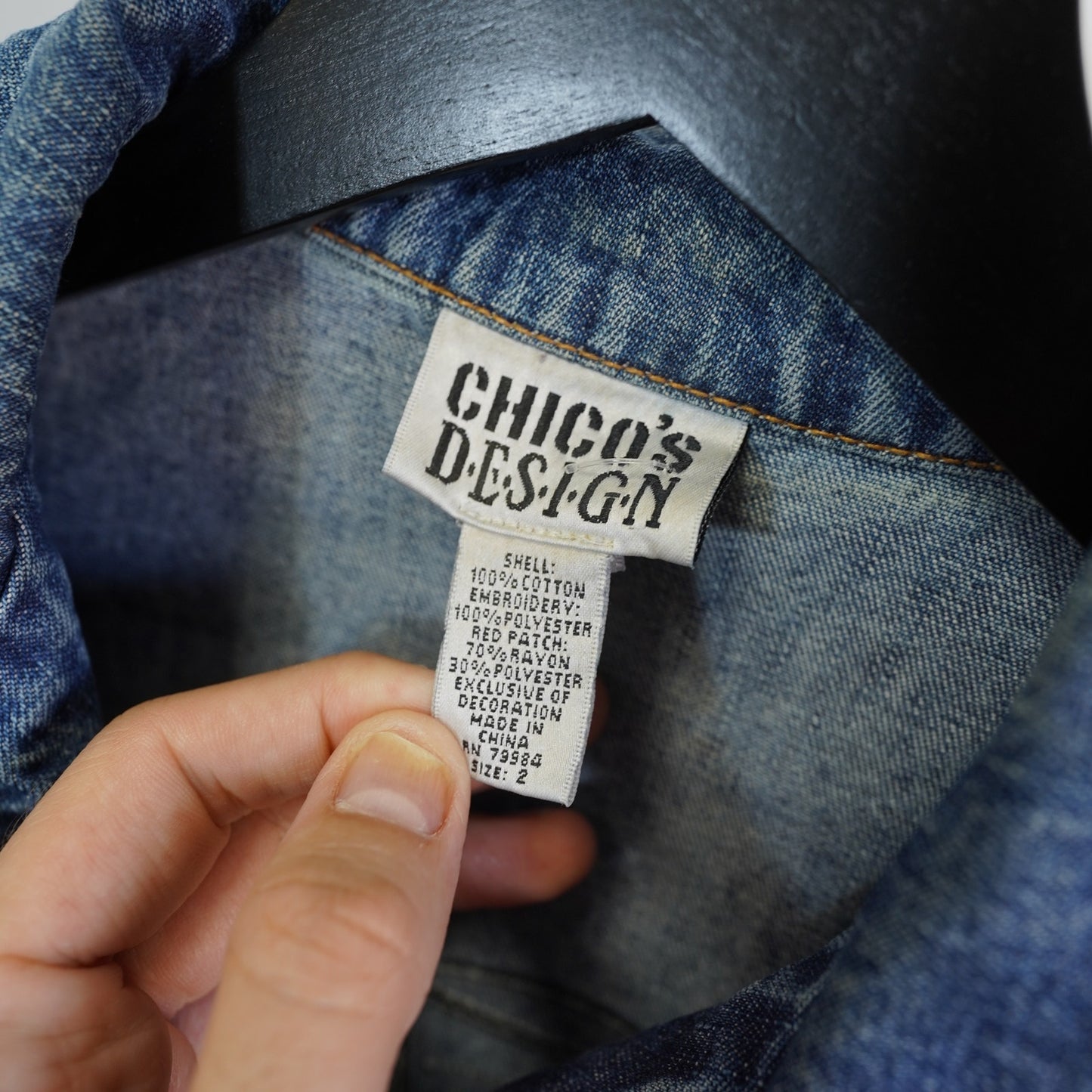 (Women's L) Vintage Chico's Gesiha Embroidered Asian Art-to-Wear Denim Jacket Womens L Sz 2
