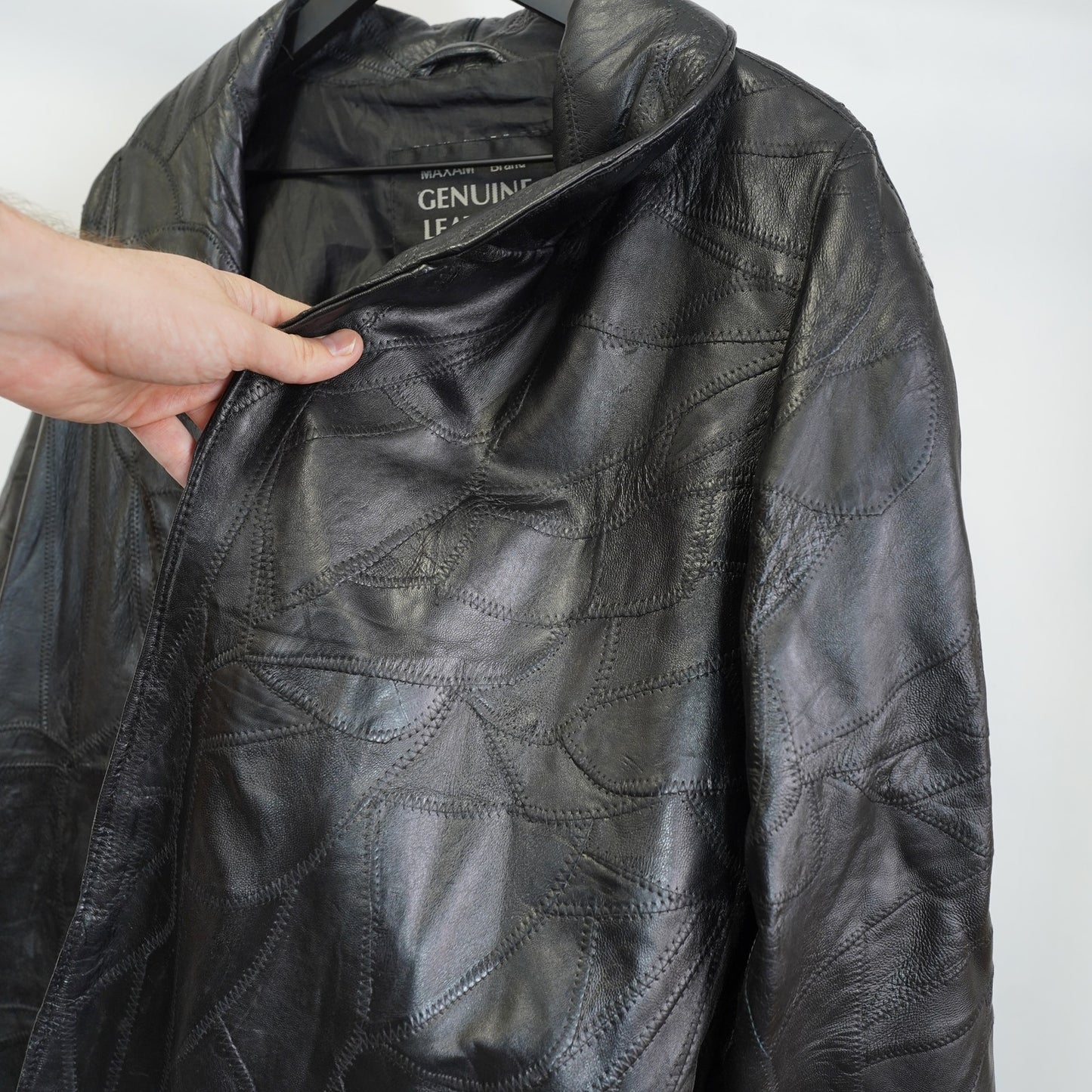 (L) Vintage Lambskin Genuine Leather Italian Mosaic Maxam Trench Coat Men's L Black