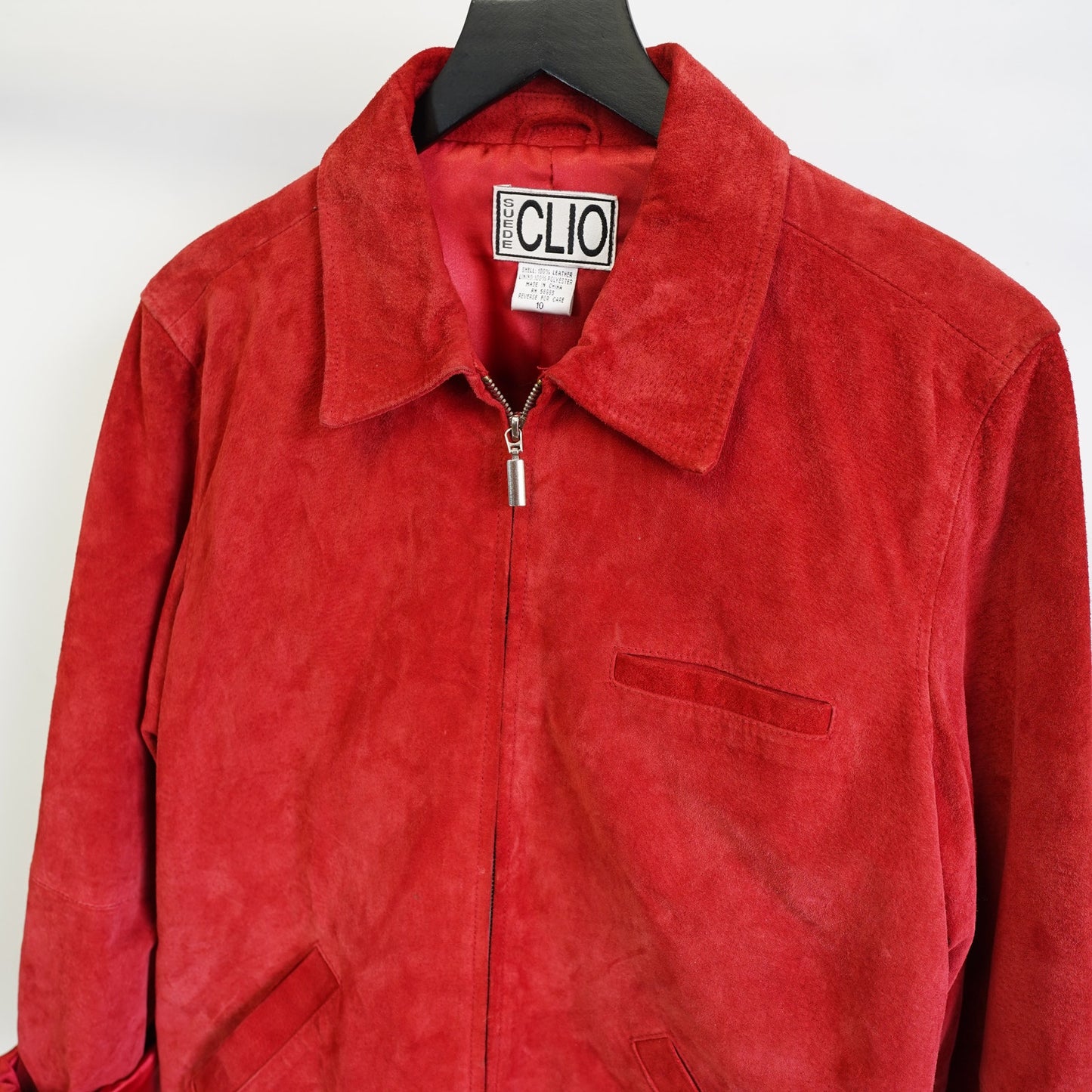 (Women's M) Vintage Clio Red Suede Leather Jacket Women's M Sz. 10 Glam Preppy Full Zip 90s